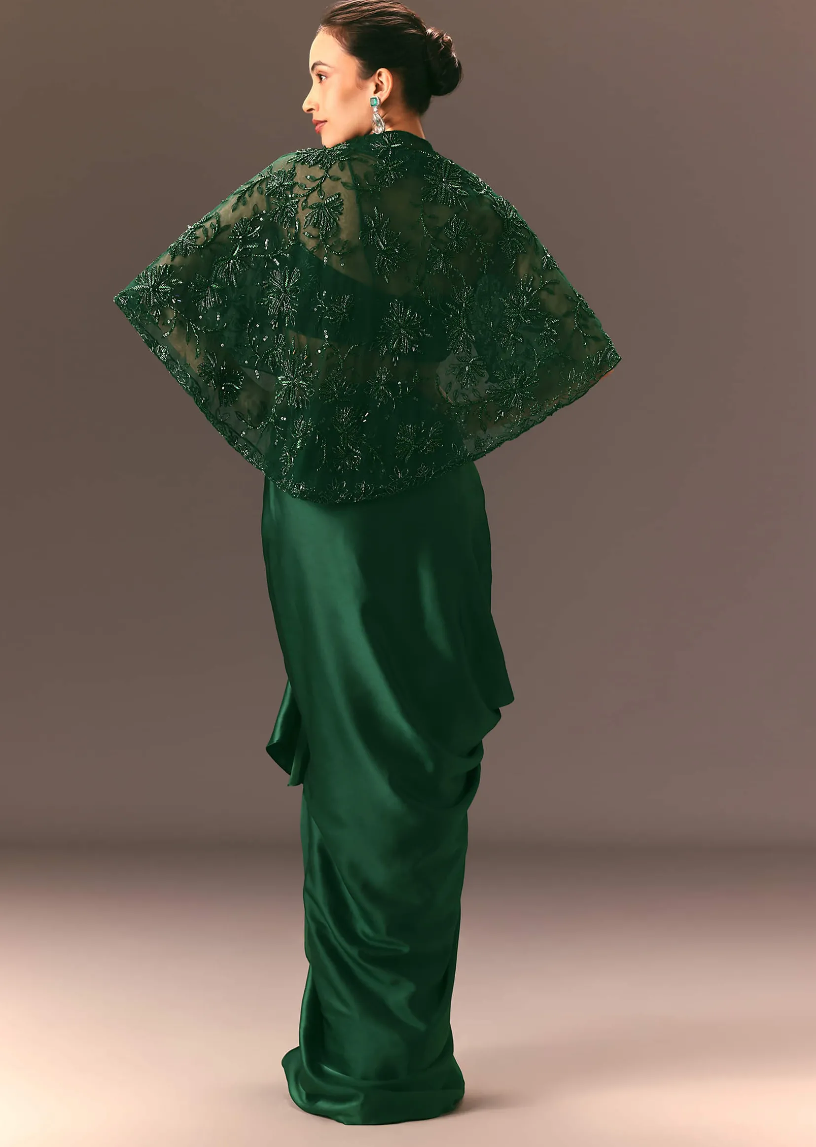Bottle Green Net Hand Work Fusion Draped Skirt Set