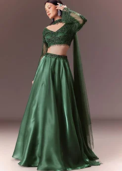 Bottle Green Organza Lehenga Set With Hand Work