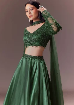 Bottle Green Organza Lehenga Set With Hand Work