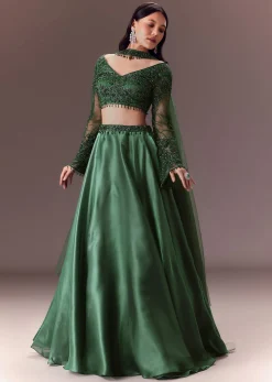 Bottle Green Organza Lehenga Set With Hand Work
