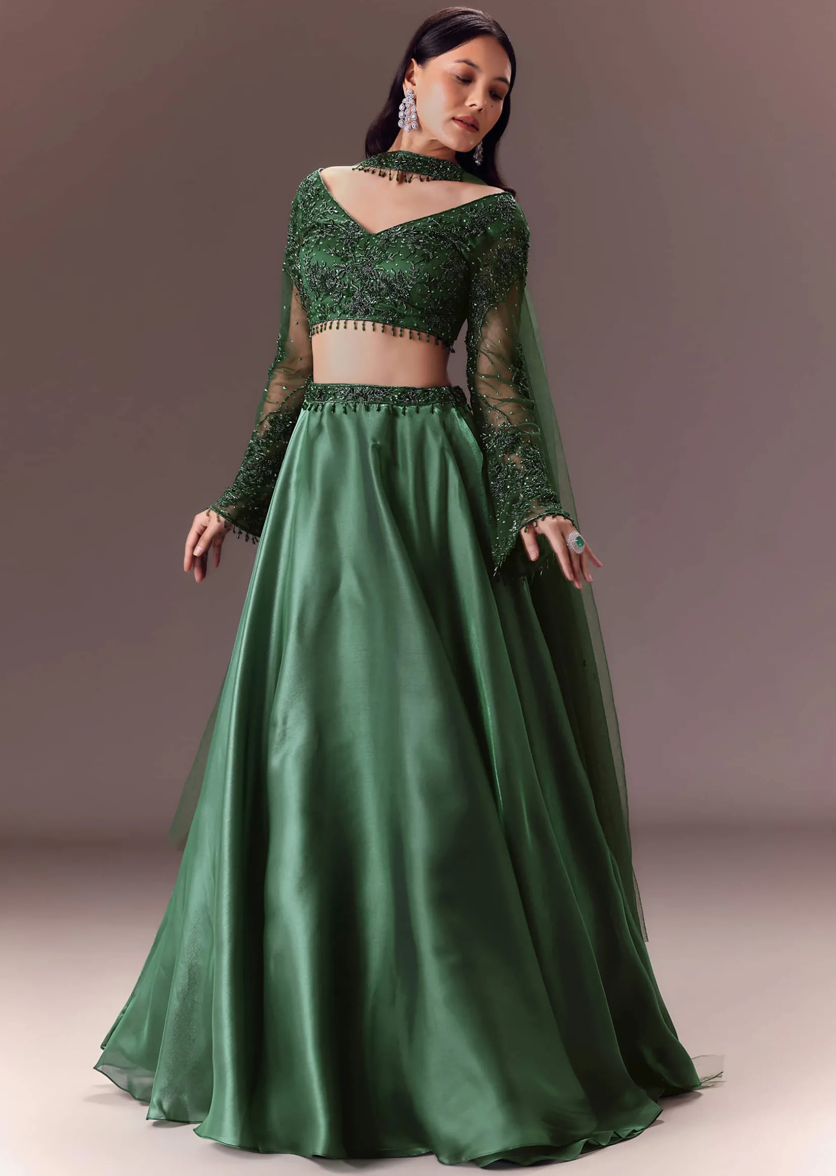 Bottle Green Organza Lehenga Set With Hand Work