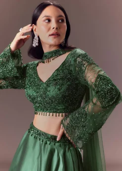 Bottle Green Organza Lehenga Set With Hand Work