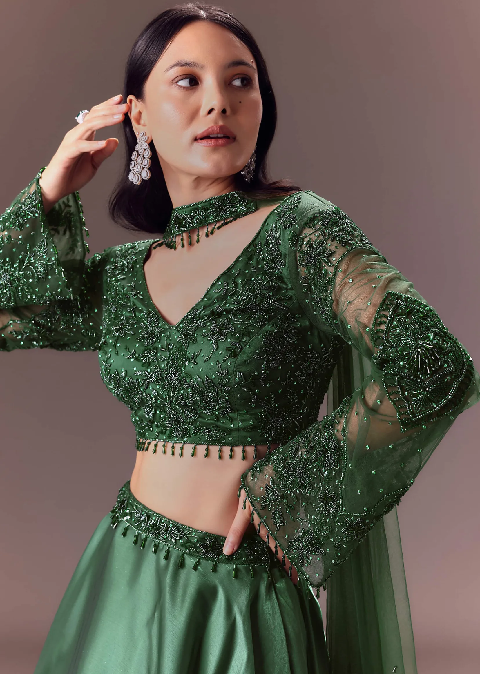 Bottle Green Organza Lehenga Set With Hand Work