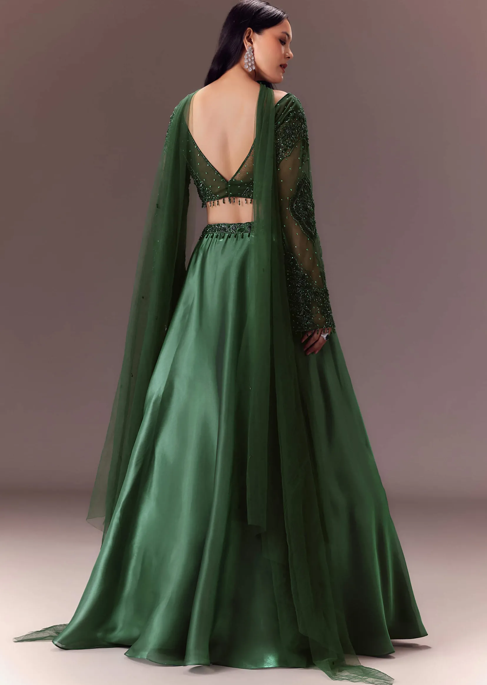 Bottle Green Organza Lehenga Set With Hand Work