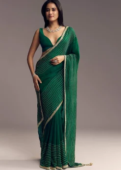 Bottle Green Organza Saree With Scalloped Cut Dana Detailing