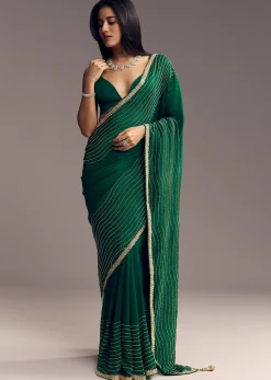 Bottle Green Organza Saree With Scalloped Cut Dana Detailing
