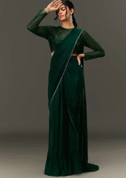 Bottle Green Pre Pleated Saree With Embroidered High Neck Full Sleeve Blouse