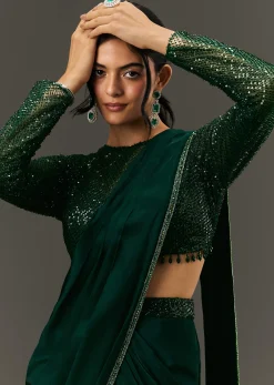 Bottle Green Pre Pleated Saree With Embroidered High Neck Full Sleeve Blouse