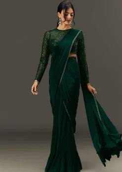 Bottle Green Pre Pleated Saree With Embroidered High Neck Full Sleeve Blouse