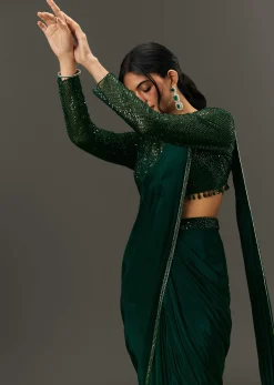 Bottle Green Pre Pleated Saree With Embroidered High Neck Full Sleeve Blouse
