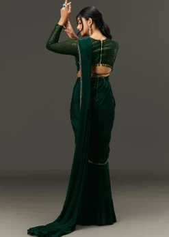 Bottle Green Pre Pleated Saree With Embroidered High Neck Full Sleeve Blouse