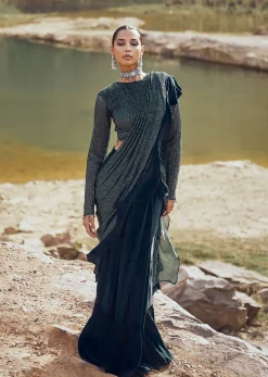 Bottle Green Pre Stitched Frill Saree With Blouse