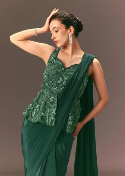 Bottle Green Raw Silk Pre Stitched Saree With Peplum Blouse