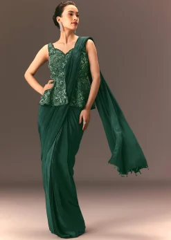 Bottle Green Raw Silk Pre Stitched Saree With Peplum Blouse