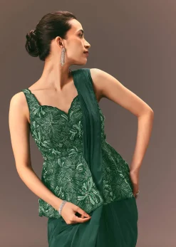 Bottle Green Raw Silk Pre Stitched Saree With Peplum Blouse
