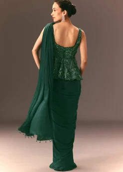 Bottle Green Raw Silk Pre Stitched Saree With Peplum Blouse
