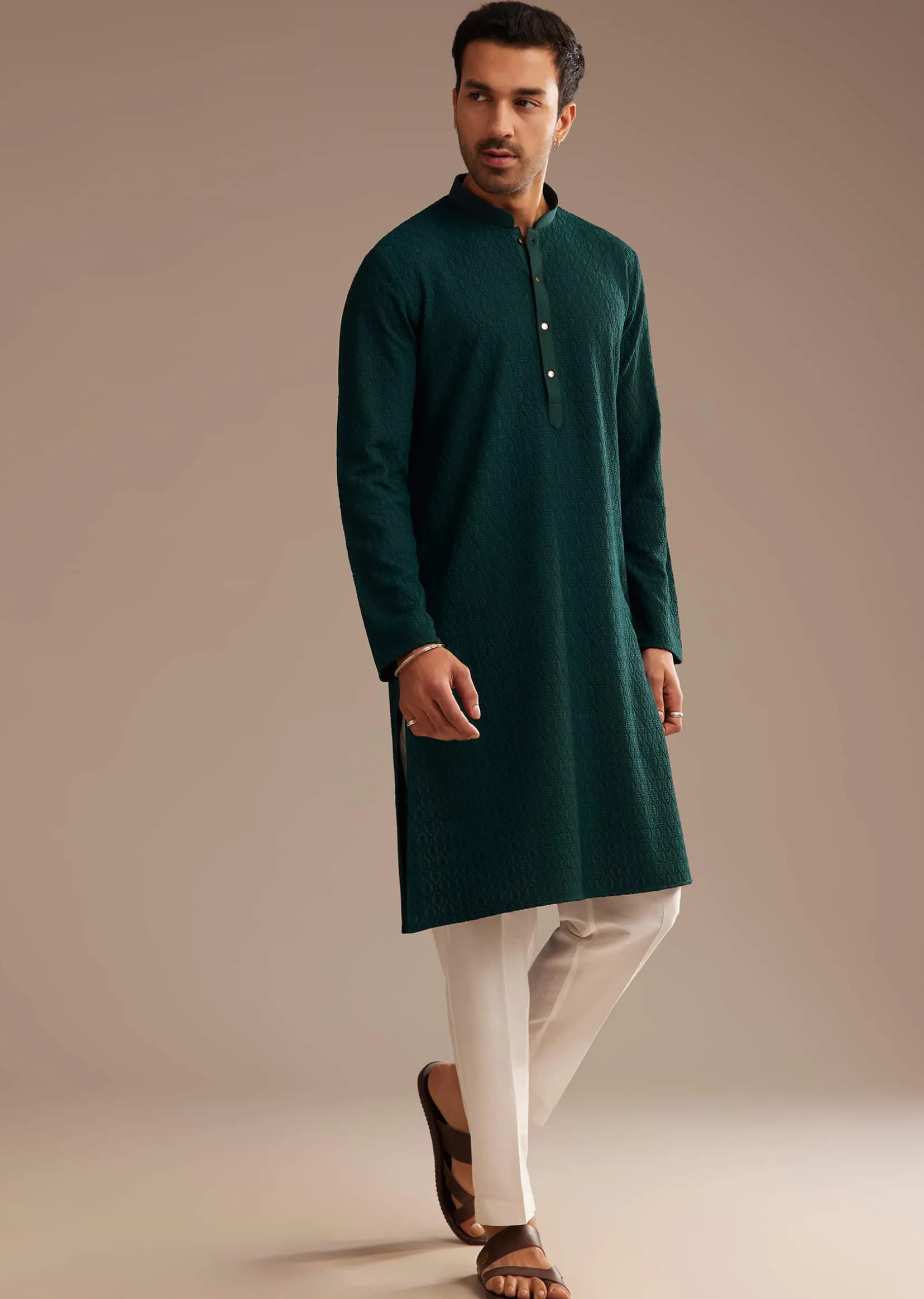 Bottle Green Rayon Embroidered Kurta Set