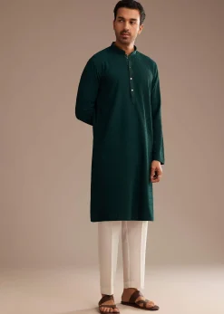 Bottle Green Rayon Embroidered Kurta Set