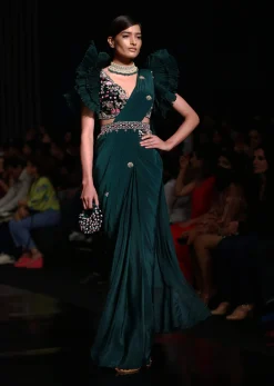 Bottle Green Readymade Saree With A Colorful Hand Embroidered Blouse With Fancy Layered Frill Sleeves