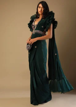 Bottle Green Readymade Saree With A Colorful Hand Embroidered Blouse With Fancy Layered Frill Sleeves