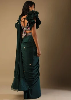 Bottle Green Readymade Saree With A Colorful Hand Embroidered Blouse With Fancy Layered Frill Sleeves