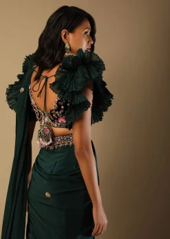 Bottle Green Readymade Saree With A Colorful Hand Embroidered Blouse With Fancy Layered Frill Sleeves