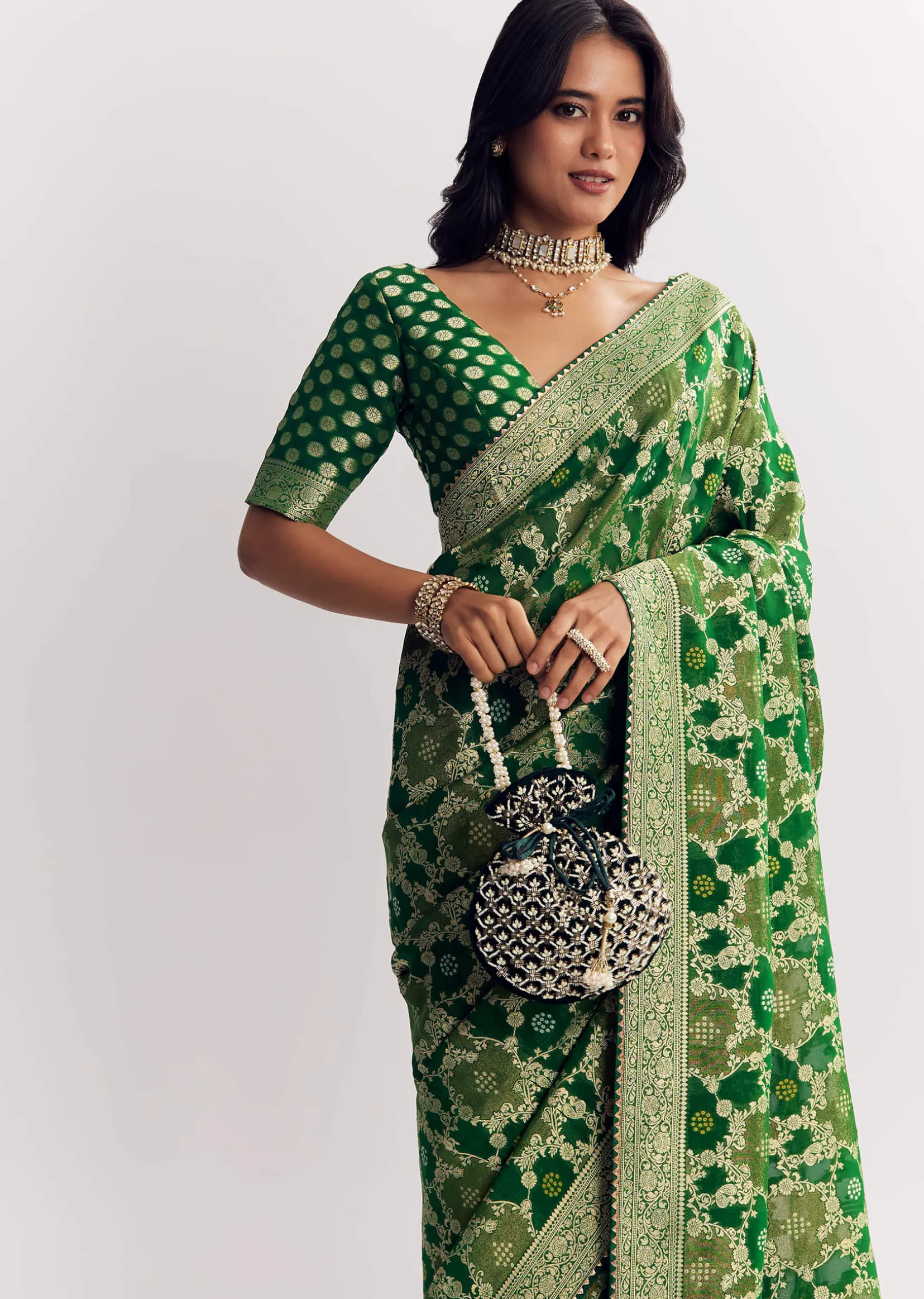 Bottle Green Shaded Dola Silk Saree With Zari Jaal Work
