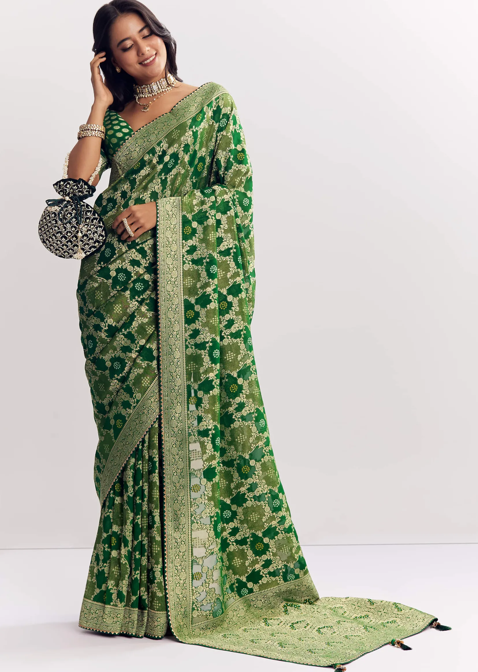 Bottle Green Shaded Dola Silk Saree With Zari Jaal Work