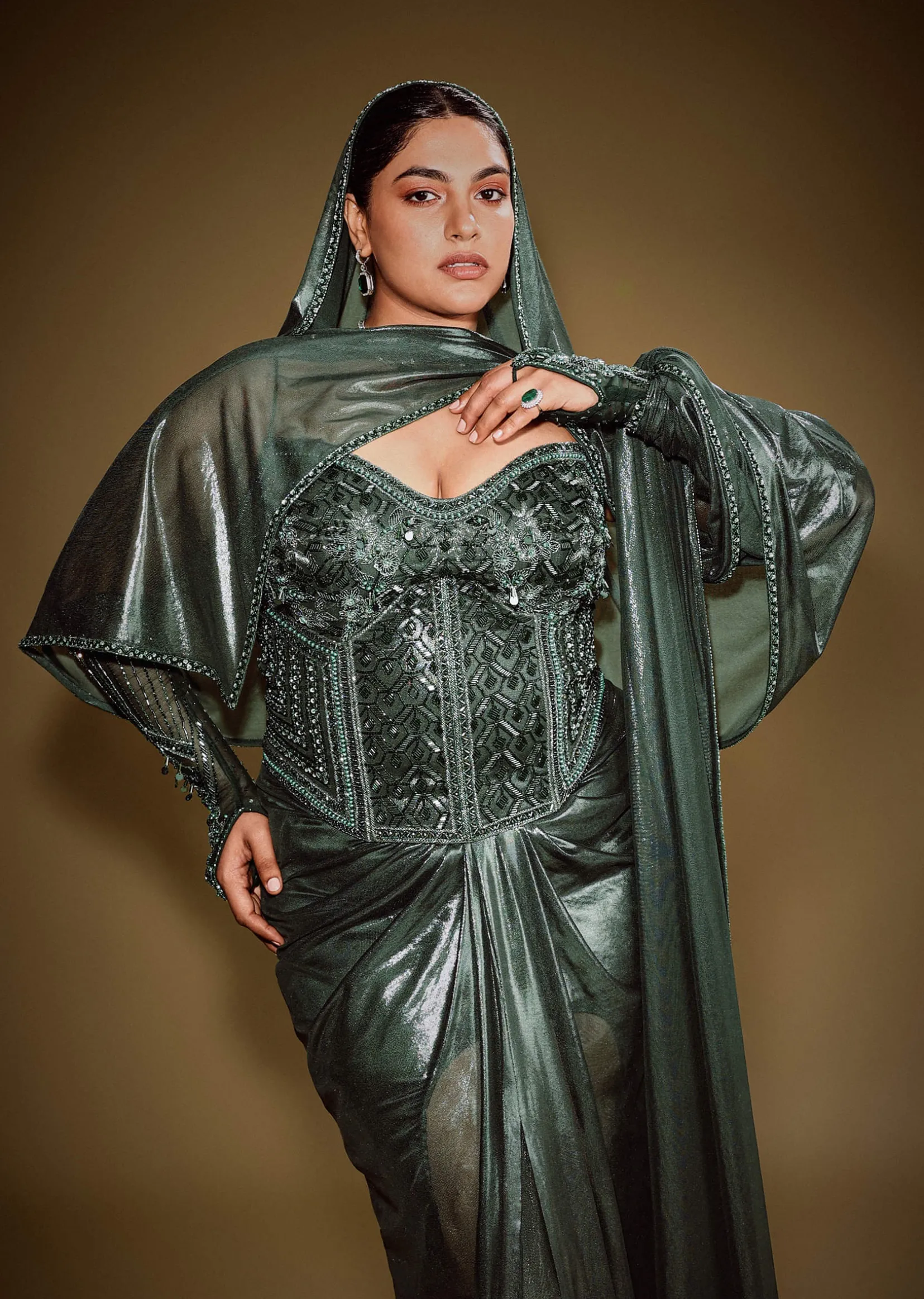 Bottle Green Shimmer Drape Skirt With Embroidered Corset And Dupatta