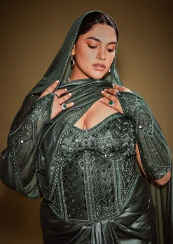 Bottle Green Shimmer Drape Skirt With Embroidered Corset And Dupatta