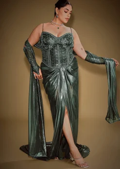 Bottle Green Shimmer Drape Skirt With Embroidered Corset And Dupatta