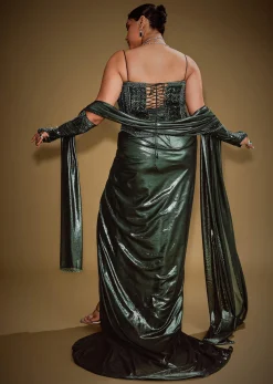 Bottle Green Shimmer Drape Skirt With Embroidered Corset And Dupatta