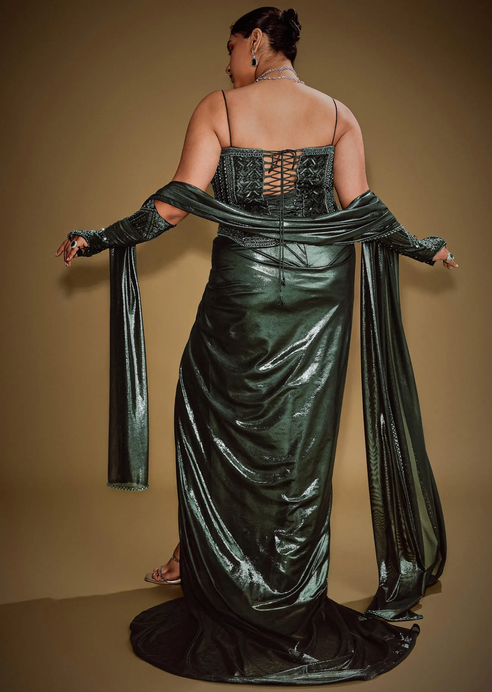 Bottle Green Shimmer Drape Skirt With Embroidered Corset And Dupatta