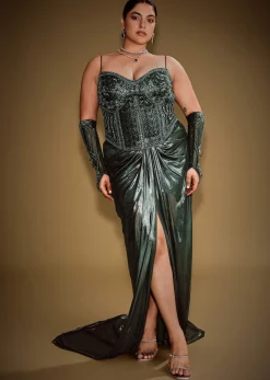 Bottle Green Shimmer Drape Skirt With Embroidered Corset And Dupatta