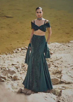 Bottle Green Shoulder Sleeve Blouse With Skirt And Dupatta