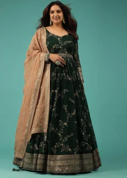 Bottle Green Silk Anarkali Suit With Zari And Sequins Work Along With Embroidered Floral Jaal