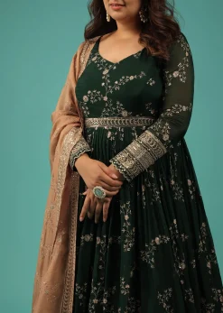 Bottle Green Silk Anarkali Suit With Zari And Sequins Work Along With Embroidered Floral Jaal