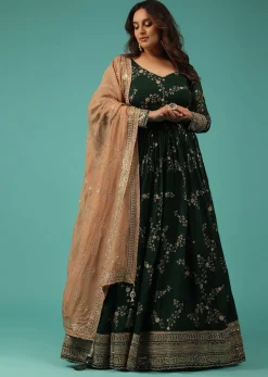 Bottle Green Silk Anarkali Suit With Zari And Sequins Work Along With Embroidered Floral Jaal