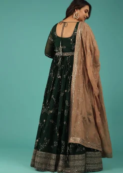 Bottle Green Silk Anarkali Suit With Zari And Sequins Work Along With Embroidered Floral Jaal