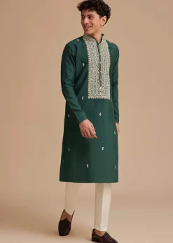 Bottle Green Silk Embroidered Kurta