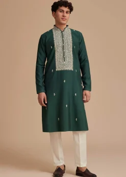 Bottle Green Silk Embroidered Kurta
