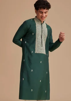 Bottle Green Silk Embroidered Kurta