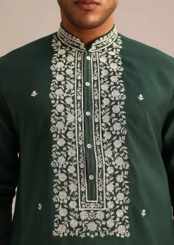 Bottle Green Silk Kurta And Pant Set With Hand Embroidered Yoke