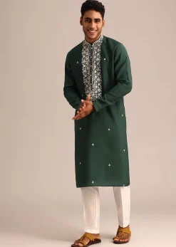 Bottle Green Silk Kurta And Pant Set With Hand Embroidered Yoke