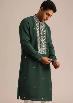 Bottle Green Silk Kurta And Pant Set With Hand Embroidered Yoke