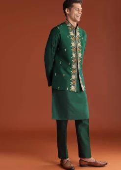 Bottle Green Silk Kurta Jacket Set With Multi Thread And Mirror Work