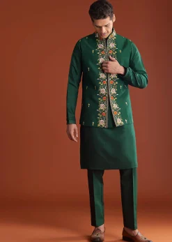 Bottle Green Silk Kurta Jacket Set With Multi Thread And Mirror Work