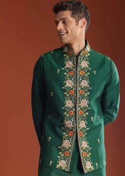 Bottle Green Silk Kurta Jacket Set With Multi Thread And Mirror Work