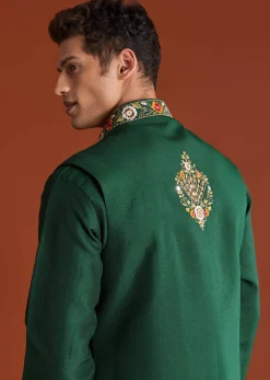 Bottle Green Silk Kurta Jacket Set With Multi Thread And Mirror Work