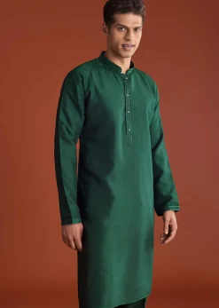 Bottle Green Silk Kurta Jacket Set With Multi Thread And Mirror Work